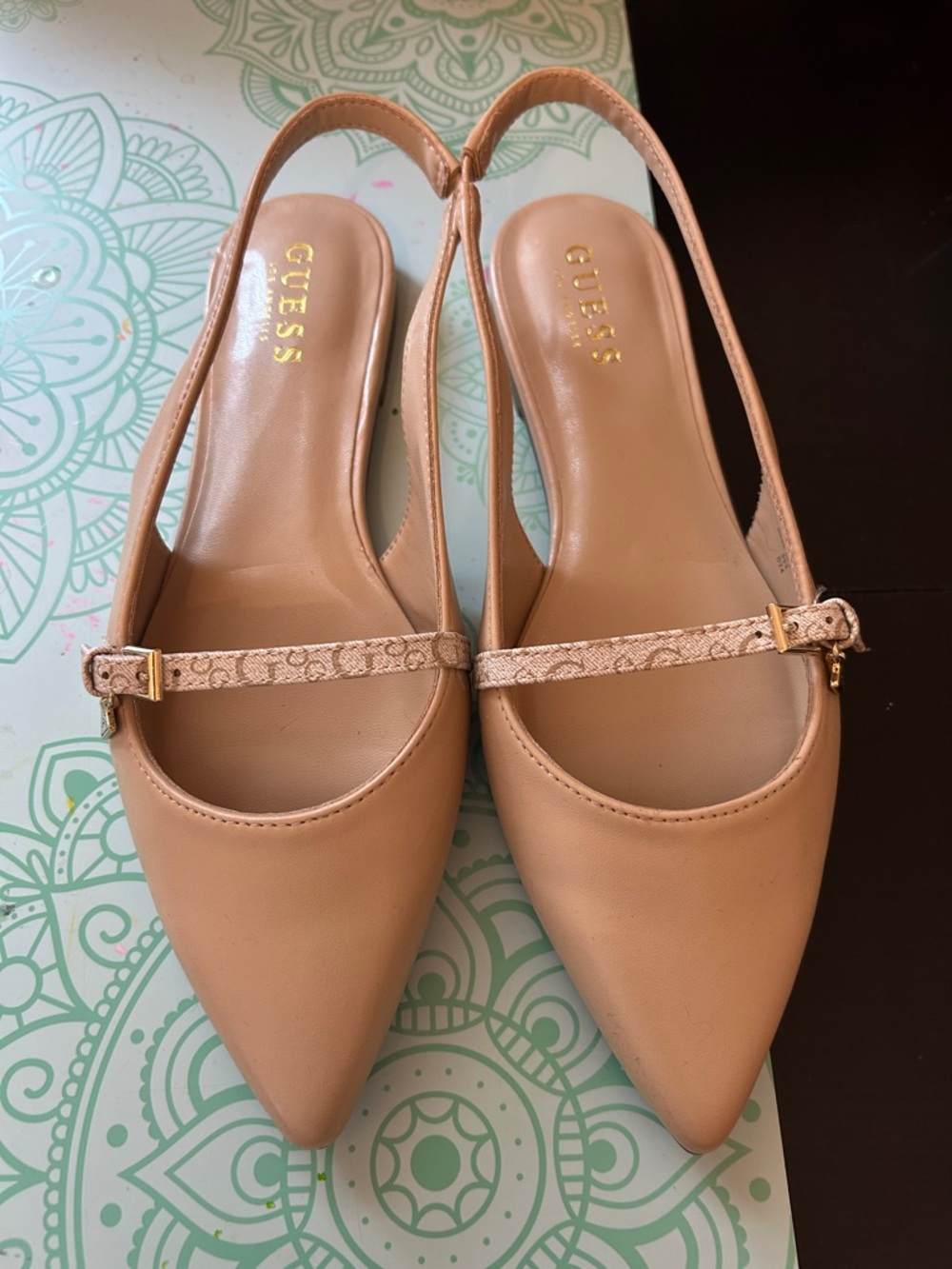 GUESS Tan Pointed Toe Slingback Flats with Patterned Strap